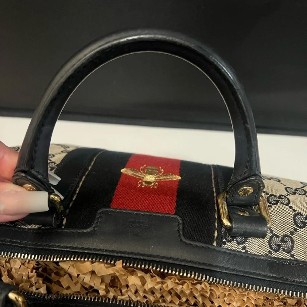 Gucci Beige GG Canvas Satchel with Red and Navy Web and Gold Bee - Picture 6 of 10